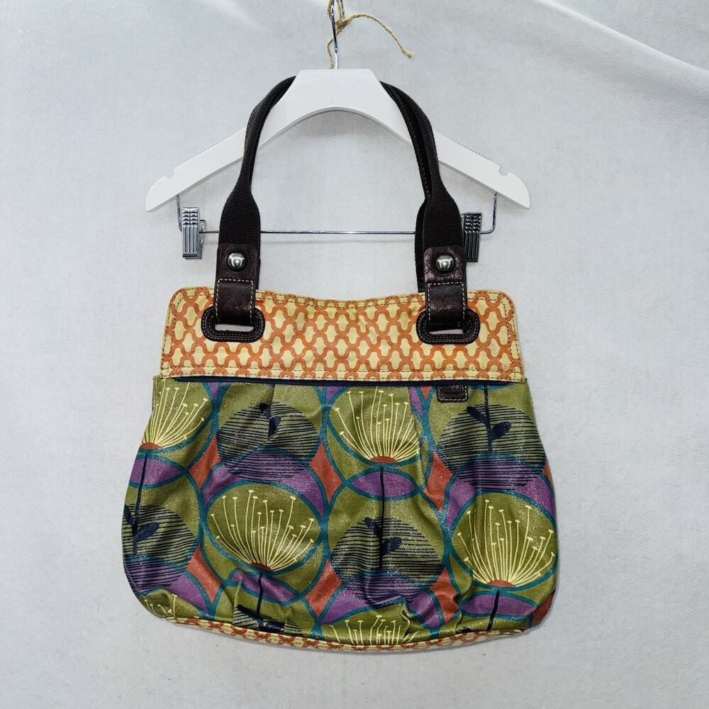 EUC Fossil Key Per Purse Hand Bag Coated Canvas Tote Leather